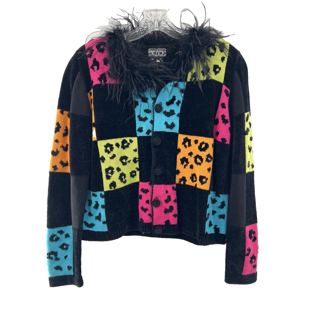 Berek Women's Tight Knit Animal Print Multicolor Cardigan Sweater Size Medium